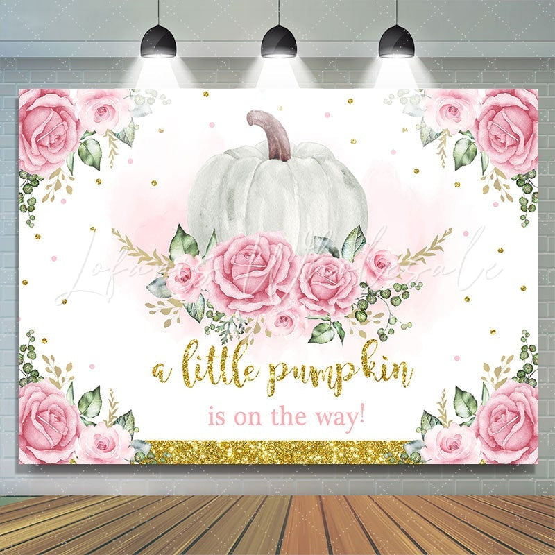 Lofaris Pink Floral Pumpkin On The Way Backdrop for Baby Shower