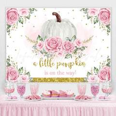 Lofaris Pink Floral Pumpkin On The Way Backdrop for Baby Shower