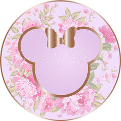 Lofaris Pink Floral Round Cartoon Mouse Purple Birthday Backdrop