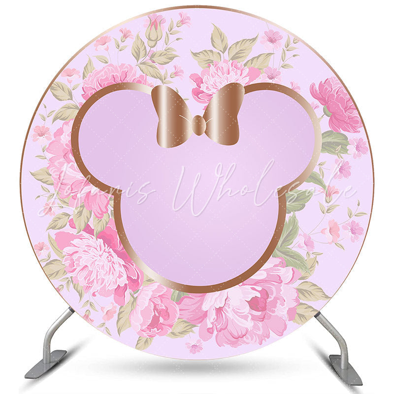 Lofaris Pink Floral Round Cartoon Mouse Purple Birthday Backdrop