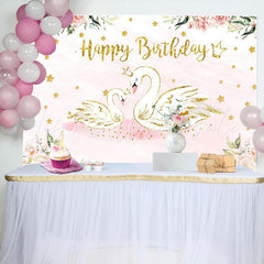 Lofaris Pink Floral Swan Golden Stars Birthday Backdrop