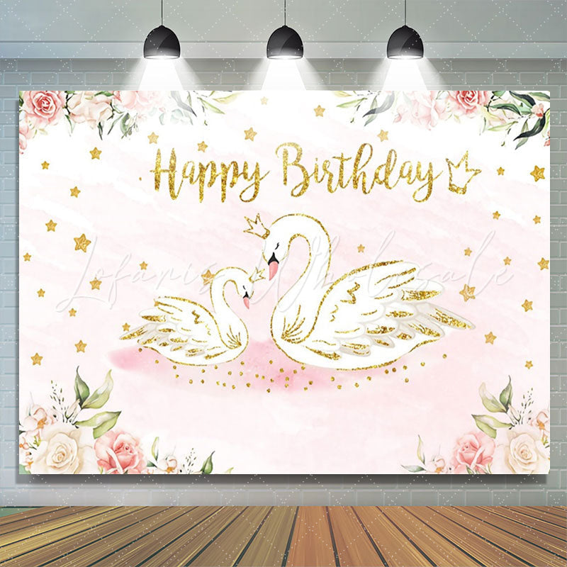 Lofaris Pink Floral Swan Golden Stars Birthday Backdrop