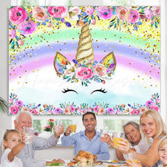 Lofaris Pink Floral Unicorn Rainbow Birthday Party Backdrop