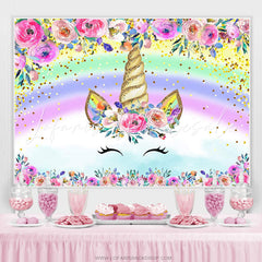 Lofaris Pink Floral Unicorn Rainbow Birthday Party Backdrop