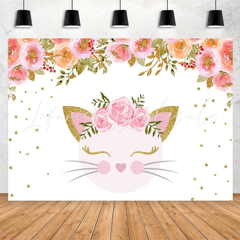 Lofaris Pink Flower And Cat Happy Birthday Backdrop For Girl