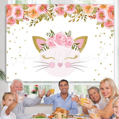 Lofaris Pink Flower And Cat Happy Birthday Backdrop For Girl