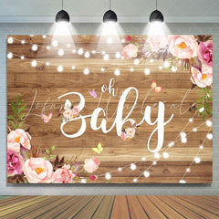 Lofaris Pink Flower and Fairy Lights Wood Baby Shower Backdrop