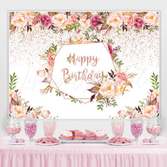 Lofaris Pink Flower And Green Plants Happy Birthday Backdrop