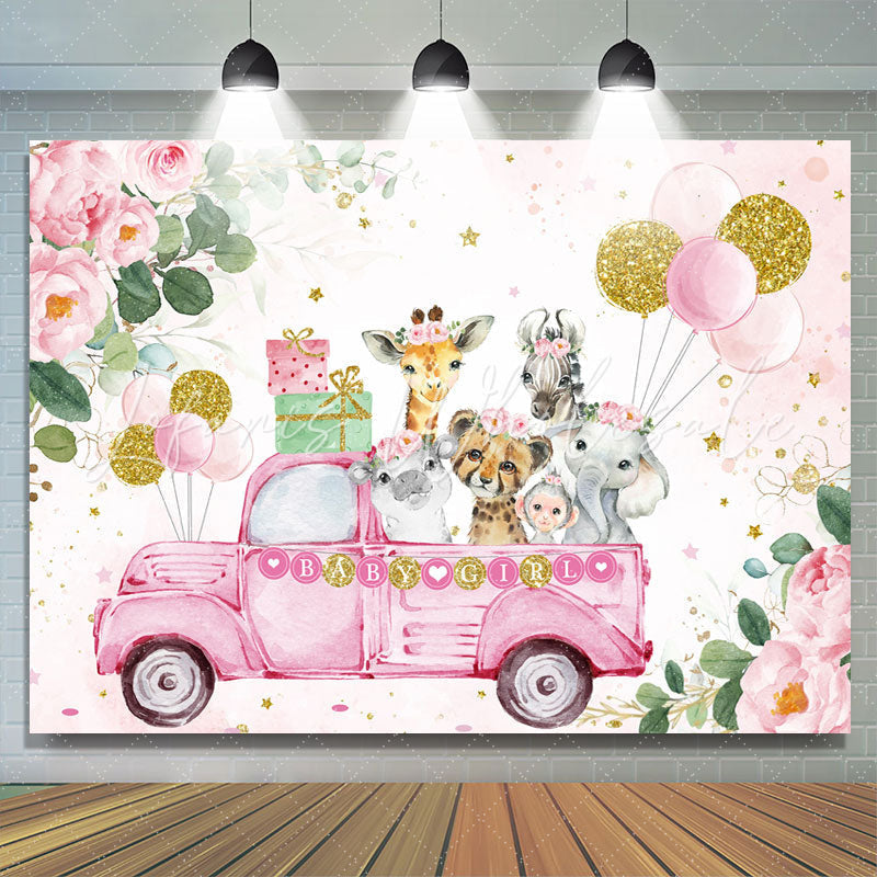 Lofaris Pink flower animal balloon girl birthday Backdrop