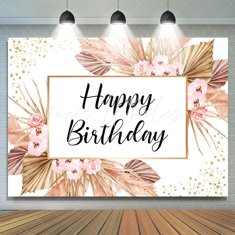 Lofaris Pink Flowers And Glitter Dots Happy Birthday Backdrop