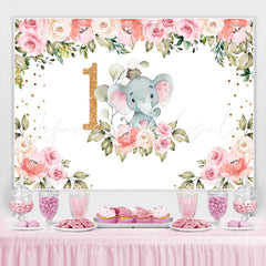 Lofaris Pink Flowers Elephant Theme Happy 1St Birthday Backdrop