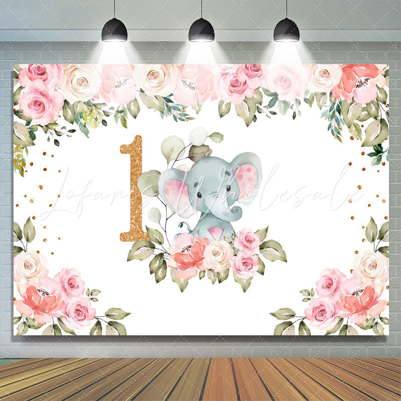 Lofaris Pink Flowers Elephant Theme Happy 1St Birthday Backdrop