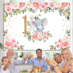 Lofaris Pink Flowers Elephant Theme Happy 1St Birthday Backdrop