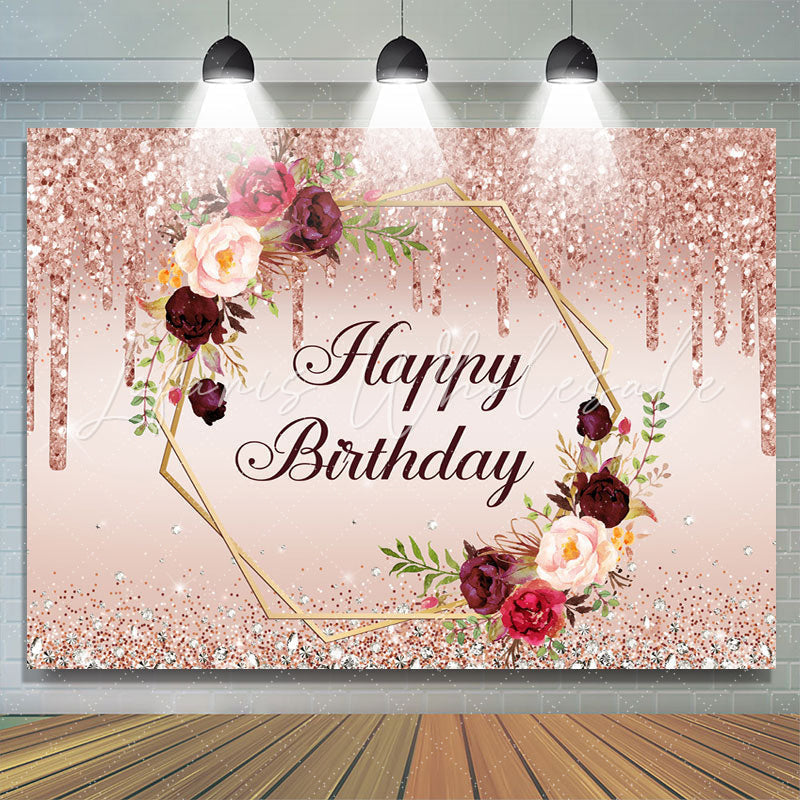 Lofaris Pink Glitter And Floral Happy Birthday Party Backdrop