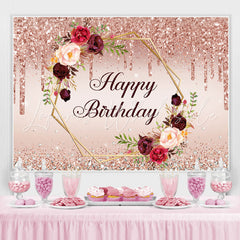 Lofaris Pink Glitter And Floral Happy Birthday Party Backdrop