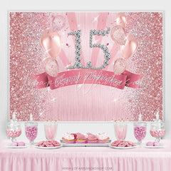 Lofaris Pink Glitter Balloons Diamond 15 Happy Birthday Backdrop