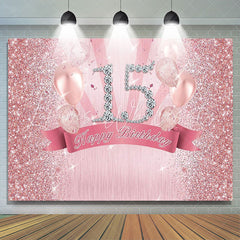 Lofaris Pink Glitter Balloons Diamond 15 Happy Birthday Backdrop