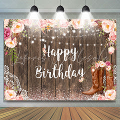 Lofaris Pink Glitter Floral Wooden Happy Birthday Backdrop