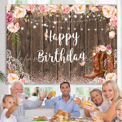 Lofaris Pink Glitter Floral Wooden Happy Birthday Backdrop