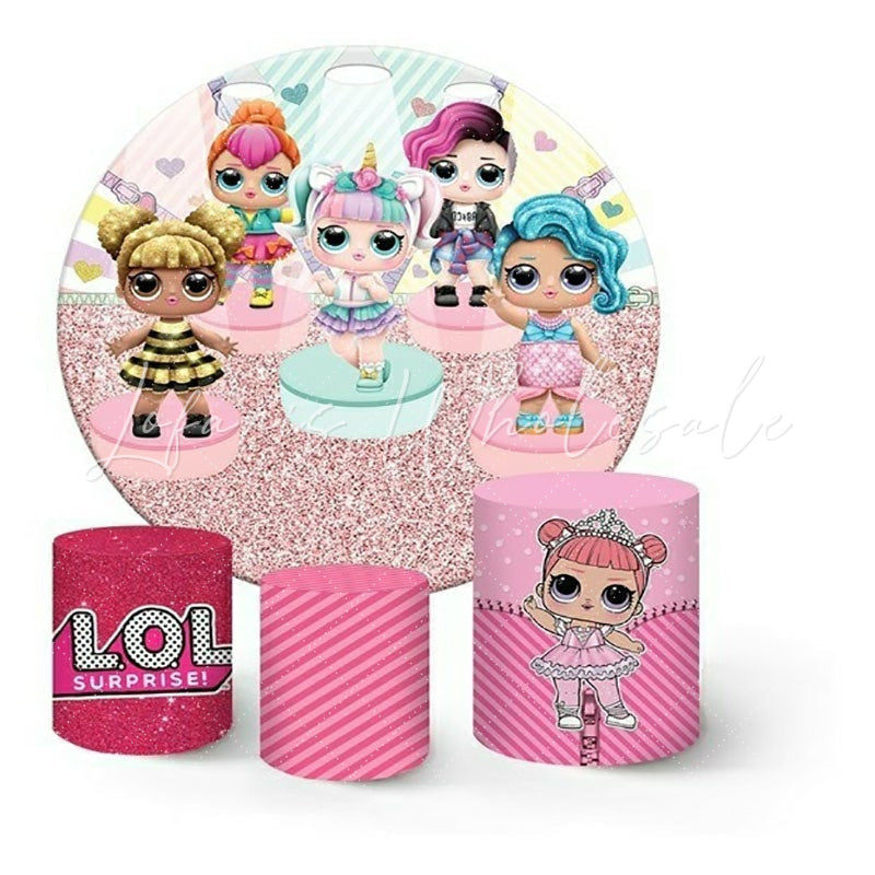 Lofaris Pink Glitter Girls Doll Round Birthday Backdrop Kit