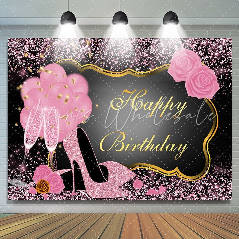 Lofaris Pink Glitter Happy Birthday Backdrop for Women Girls