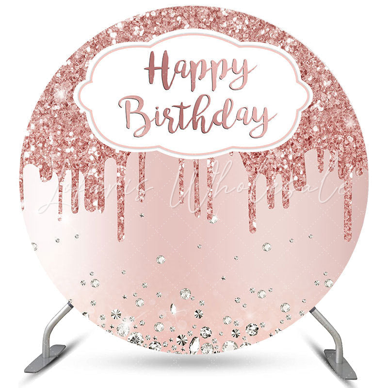 Lofaris Pink Glitter Sliver Diamonds Round Happy Birthday Backdrop