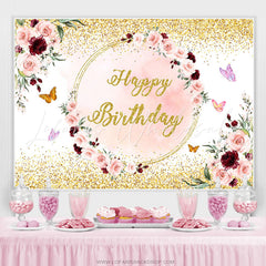 Lofaris Pink Gloden Floral Butterfly Happy Birthday Backdrop