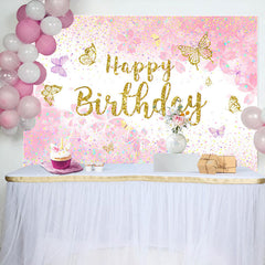 Lofaris Pink Gold Glitter Butterfly Happy Birthday Backdrop