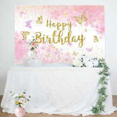 Lofaris Pink Gold Glitter Butterfly Happy Birthday Backdrop