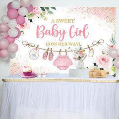 Lofaris Pink Golden Floral Baby Shower Backdrop For Girls