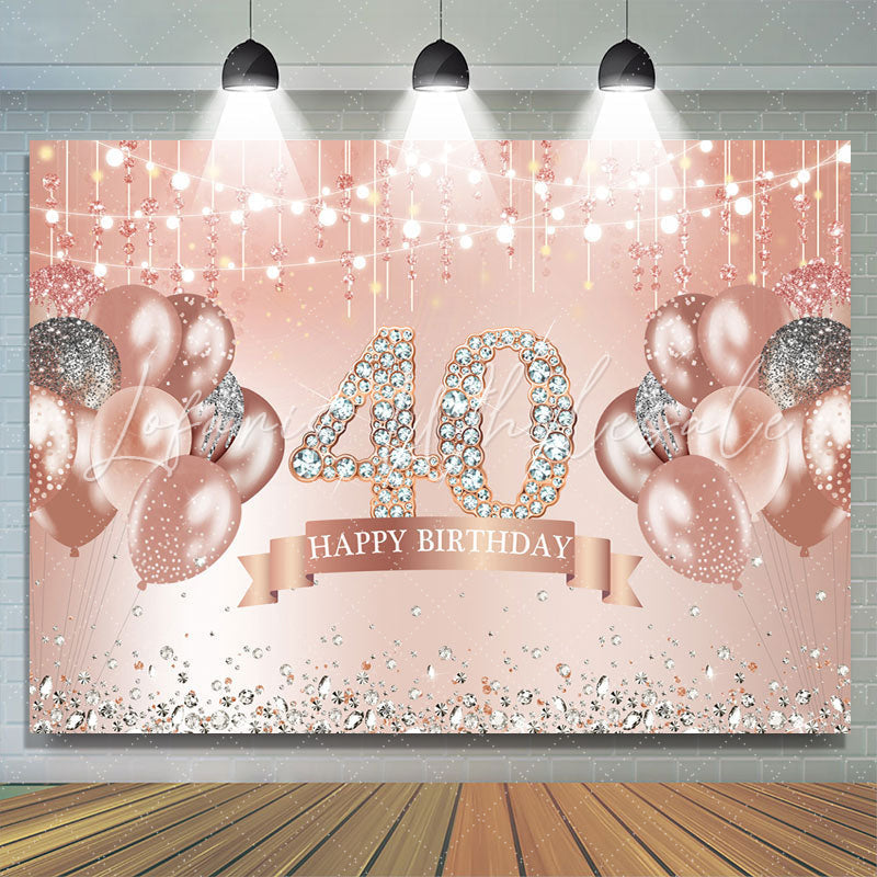 Lofaris Pink Happy 40th Birthday Sparkle Balloon Diamonds Backdrop for Women