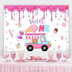 Lofaris Pink Ice Cream Bus Sweet 1st Happy Birthday Bakdrop