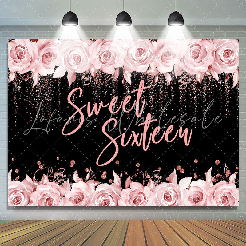 Lofaris Pink Rose And Black Glitter Sweet 16 Birthday Backdrop