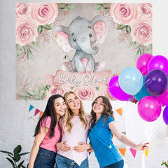 Lofaris Pink Rose Baby Elephant Shower Backdrop for Girl