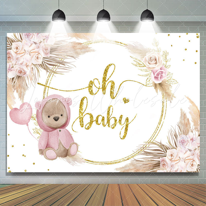 Lofaris Pink Rose Gold Oh Baby Bear Floral Shower Backdrop