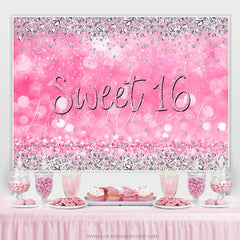 Lofaris Pink Silver Diamond Glitter Sweet 16 Birthday Backdrop