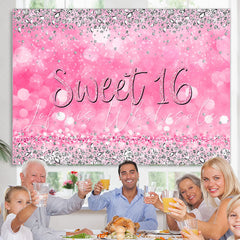 Lofaris Pink Silver Diamond Glitter Sweet 16 Birthday Backdrop