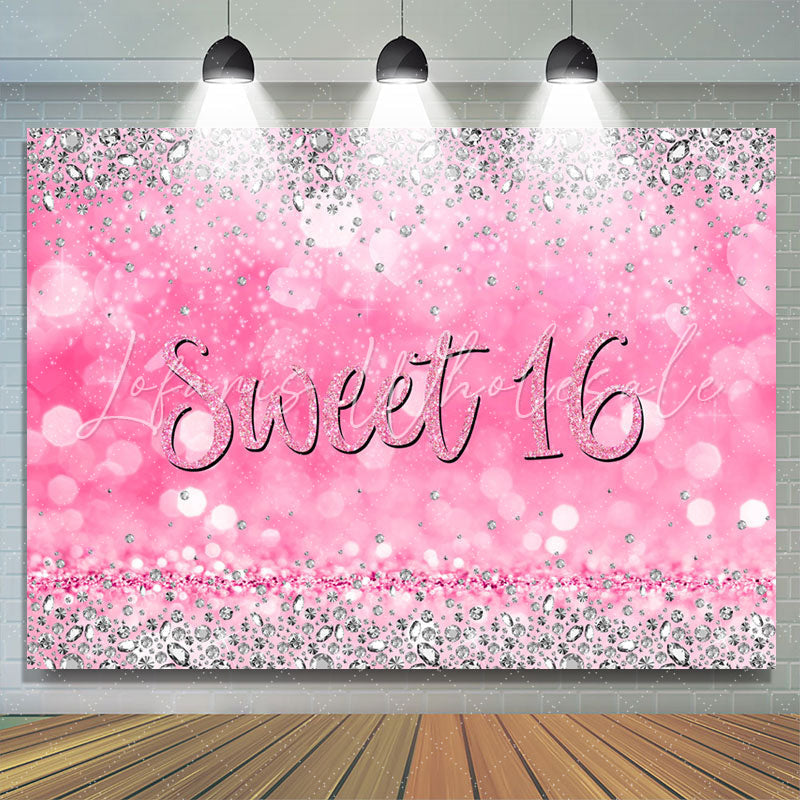 Lofaris Pink Silver Diamond Glitter Sweet 16 Birthday Backdrop