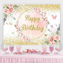 Lofaris Pink Soring And Gloden Happy Birthday Backdrop For Girl