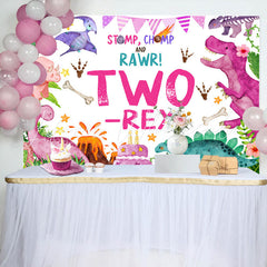 Lofaris Pink Stomp Chomp Rawr Two Rex 2nd Birthday Backdrop