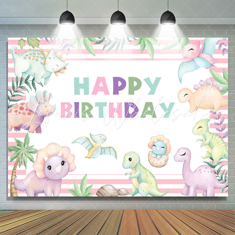 Lofaris Pink Stripes Cute Dinosaurs Birthday Party Backdrop