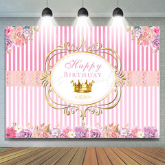 Lofaris Pink Stripes Floral Crown Happy Birthday Backdrop