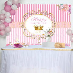 Lofaris Pink Stripes Floral Crown Happy Birthday Backdrop