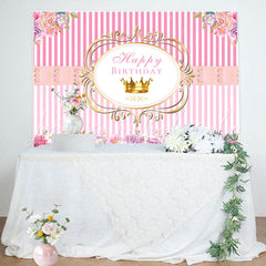 Lofaris Pink Stripes Floral Crown Happy Birthday Backdrop