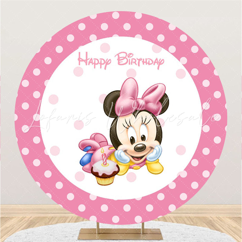 Lofaris Pink Sweet Cake And Mouse Round Happy Birthday Backdrop