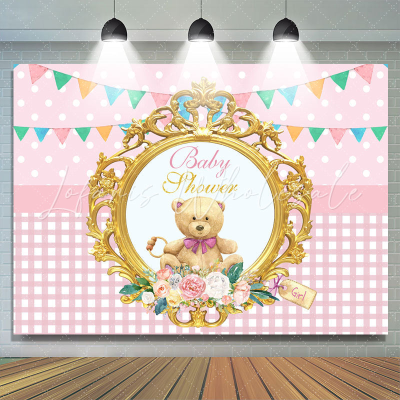 Lofaris Pink Teddy Bear With Flags Theme Baby Shower Backdrop