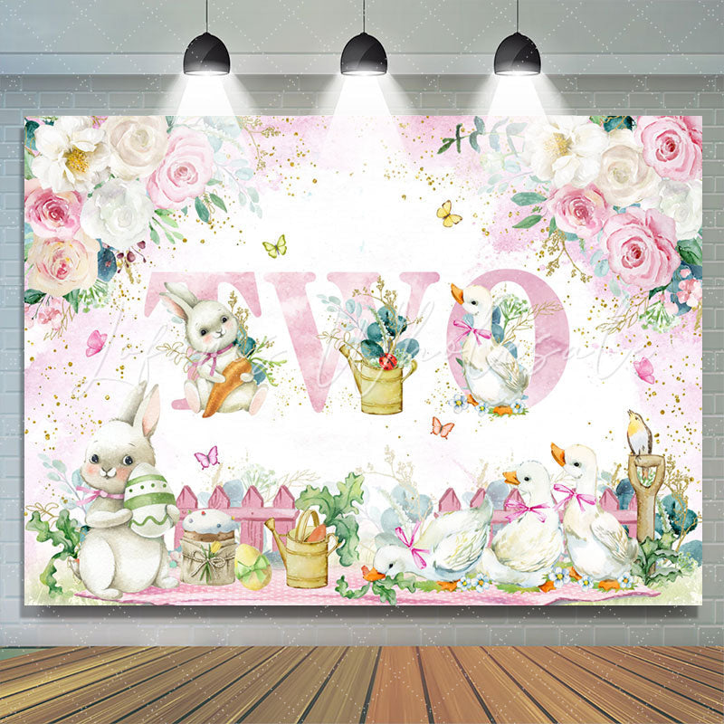 Lofaris Pink White Flower Rabbit Duck 2nd Birthday Backdrop