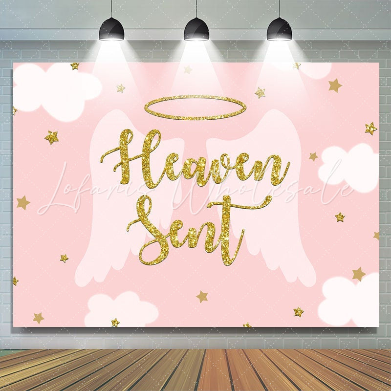 Lofaris Pink white wings gold stars baby shower Backdrop