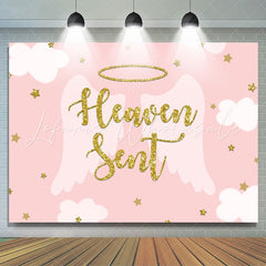 Lofaris Pink white wings gold stars baby shower Backdrop