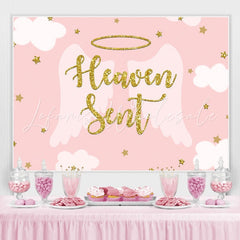 Lofaris Pink white wings gold stars baby shower Backdrop